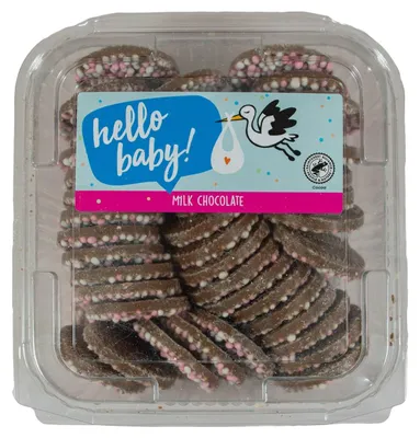 Zdjęcie produktu dla Crest Melkchocolade Geboorte Flikken Roze 600 g – Feestelijke melkchocolade