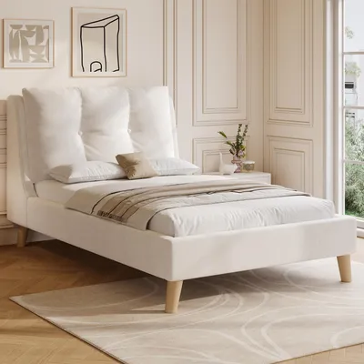 Image de OKWISH Lit Enfant 90x200 cm - Lit Capitonné avec Sommier à Lattes et Pieds en Bois Massif - Sans Matelas - Velours Beige