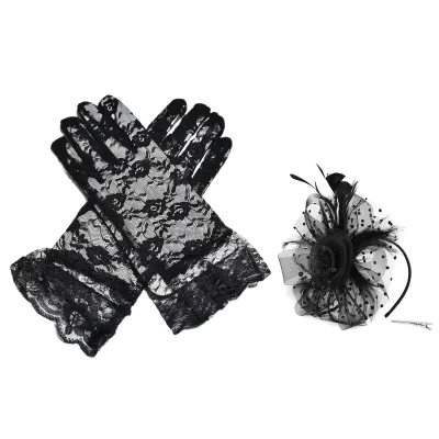 Produktbild von 1 Stück/2 Stücke Frauen Fascinator Hut Handschuhe Stickerei Blume Faux Federn Spitze Haar Clip Kopfschmuck Durchsichtige Braut Handschuhe Set E