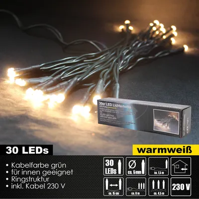 A close-up of a string of warm white LED lights with a product box in the background.