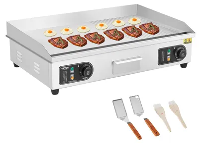 Image de VEVOR Gril électrique commercial, 4400 W, gril semi-plat pour le plan de travail, température réglable de 50 à 300 °C, 72 x 39 x 1 cm, plaque de gril en inox avec 2 pelles et 2 brosses
