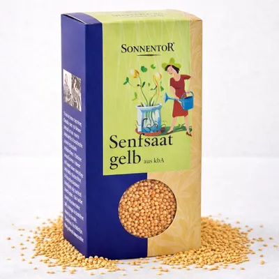Produktbild von Sonnentor Senfsaat gelb  120 g, Körnige Gewürze, 120 g, Senfkörner, 487 kcal, 2039 kJ, 28,8 g