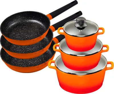 Produktbild von 6tlg. KING Vorteilsset ORANGE: 3tlg. Kochtopfset Aluguss Orange, 3xKochtöpfe in Ø16,Ø20,Ø24cm +3x Bratpfannen in Ø20cm,Ø24cm,Ø28cm KING® SHINE ORANGE