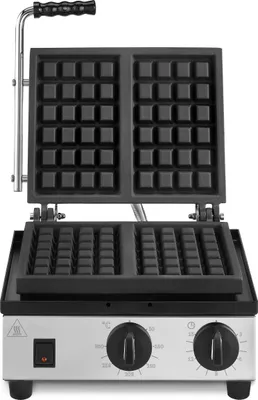 An open waffle maker on a white background.