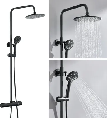 Produktbild von Auralum Duschsystem mit Armatur Thermostat, Duschset Duscharmatur Handbrause mit 3 Funktions, Duschstange mit Höhenverstellbar 840-1210mm, Schwarz