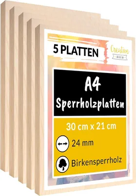 Produktbild von Creative Deco 5 x A4 Sperrholzplatte 24mm | 300 x 210 (+/- 0,5) mm | Birkensperrholz für Laubsäge, Brandmalerei, Laserschnitt, CNC