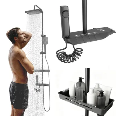 Zdjęcie produktu dla Kompletny zestaw baterii prysznicowych ROSEJANE z pokrętłem w kształcie klawisza, regulowaną wysokością (103–130 cm), deszczownicą (27 × 17,5 cm), 2 słuchawkami prysznicowymi, półką, kolor szary