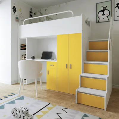 Produktbild von Marlux-Meble Hochbett Kinderbett JSM-4 90x200 mit Kleiderschrank Schreibtisch und Treppe Matt Kinderbetten Funktionsbett Etagenbett Stockbett Kinderhochbett Jugendhochbett (Gelb Matt)