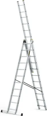 Obrázek produktu pro DRABEST | Žebřík – série PRO – hliníkový víceúčelový žebřík – 3dílný – 3 × 11 příček – nosnost 150 kg – pracovní výška 6,31 m – včetně háku na kbelík