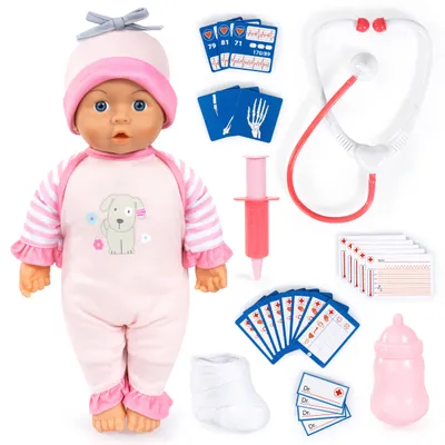 Produktbild von Bayer Design 93601AE Babypuppe, sprechend, Doktor Puppe, weicher Körper, 36 cm, mit Flasche, Stethoskop, Spritze, Gipsfuß und viel Zubehör