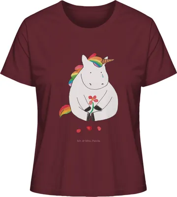 Produktbild von Mr. & Mrs. Panda Oberteil Damen Einhorn Traurig Größe L - Burgundy - Geschenk, Blume, Shirt, Glitzer, Unicorn, Kurzarmshirt, Einhörner, Liebe, Trauer, Baumwoll T-Shirt