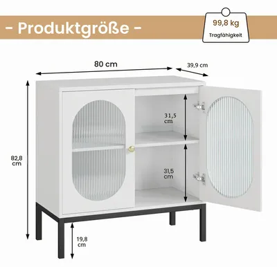Image de Armoire de cuisine - Buffet - 2 portes en verre - Étagères réglables - Pieds en métal hauts - 80 x 40 x 83 cm - Blanc