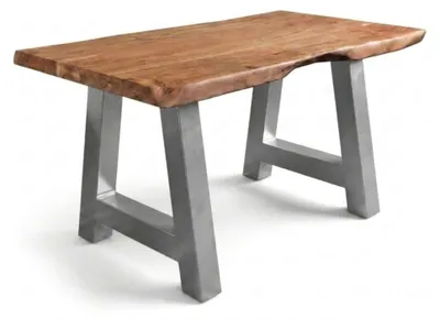 Produktbild von Baumkantentisch Cali 160 x 85 cm, Akazienholz massiv naturfarben, 50 mm Tischplatte, Esstisch mit A-Metallgestell Silber, Industrial-Design