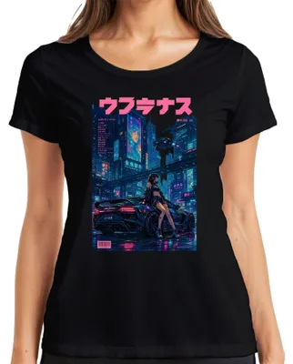Productafbeelding van UWATENAS T-shirt voor dames, met een futuristisch ontwerp in cyberpunk-stijl, geïnspireerd door anime, Japan, de Y2K-tijd en synthwave. Kleur: zwart. Maat: 3XL