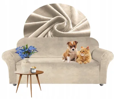 Produktbild von Sofabezug 3 Sitzer 190-230cm - Hellbeige - Samt - Stretch Couchbezug - mit Schaumstoff-Stäben