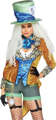 A woman wearing a Mad Hatter costume.