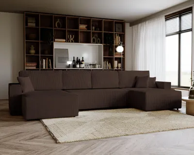 Produktbild von GOLDSTOFF Amalia U-Sofa mit Schlaffunktion Bettkasten – Ecksofa U Form  mit Cord-Bezug 330x147 & Komfort-Polsterung | Schlafsofa mit Stauraum (Braun)