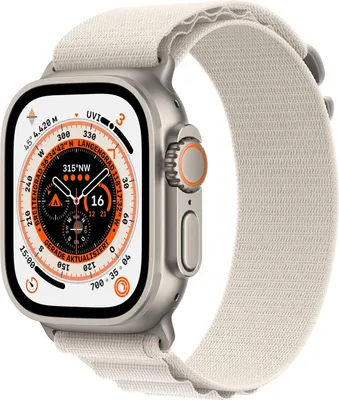 A close-up studio shot of an Apple Watch Ultra with an Alpine Loop band.