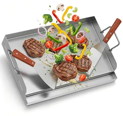 Image de Elzusha - Plaque de cuisson en acier inoxydable, dimensions 47 x 32 cm, avec spatules