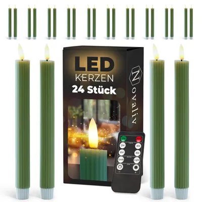 Zdjęcie produktu dla Świece LED, 24 sztuki, z prawdziwego wosku, zielone, z fakturą. Posiadają timer (6 godzin), wysokość 23 cm, średnica 2,2 cm. Wymagają 2 baterii AAA. Zestaw 2 świec LED, 6 sztuk, zielone, z ruchomym płomieniem, światło