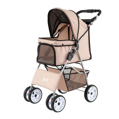 Zdjęcie produktu dla Składany wózek dla psów COSTWAY, buggy dla psów z regulowanym daszkiem, okienkami z siatki, koszem i uchwytem na napoje, wózek dla zwierząt domowych, wózek dla kotów do 15 kg, kolor beżowy