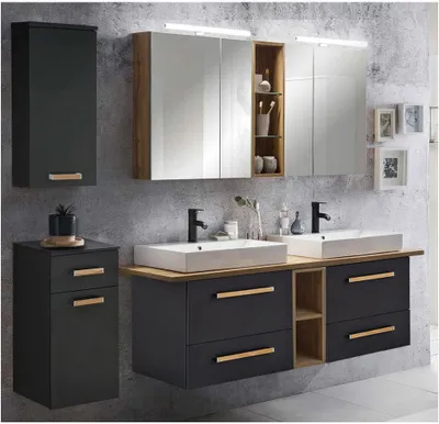 Produktbild von Badmöbel Set in anthrazit mit Eiche Landhaus DABO-04 mit 165cm Keramik-Waschbecken und Spiegelschrank LED, B/H/T ca. 210/200/50