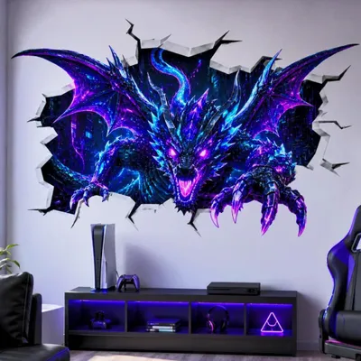 Image de Autocollant mural Decords – Dragon néon avec effet de percée murale en 3D, 140 cm