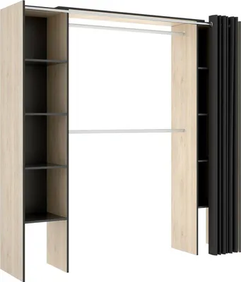 A product image of an open wardrobe structure with shelves and hanging rails.