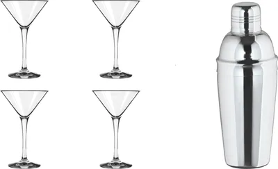 Produktbild von James Cooke Martini Cocktailset, 5 teilig, bestehend aus 4 Martini Schalen 26 cl für Cocktails + 1 Shaker  0,7 Liter Edelstahl, spülmaschinenfest