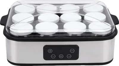 A yogurt maker with multiple cups inside, shown from a front-facing angle on a white background.