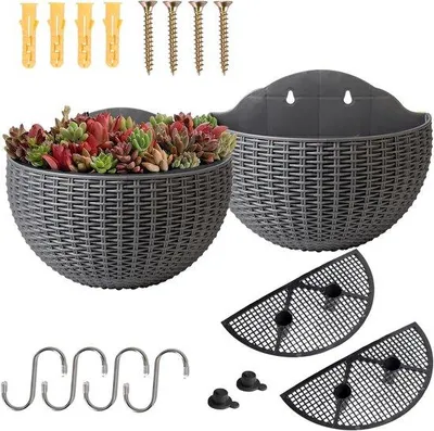Image de Hamac de jardin en imitation rotin, paniers à fleurs semi-circulaires, pour balcon, intérieur et extérieur, décoration de jardin, pots de fleurs, pot à fleurs sur pied, auto-arrosant avec réservoir d'eau, gris argenté, lot de 2