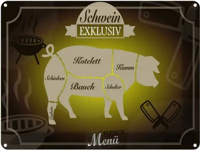 Produktbild von vianmo Blechschild 30x40 cm Fleisch Schwein exklusiv Menü Spruch Zitat