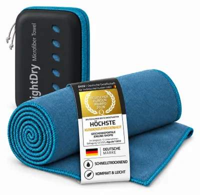 Produktbild von LightDry Mikrofaser Sporthandtuch 120x50 cm in Blau - Schnelltrocknendes Badehandtuch, Reisehandtuch & Fitnesshandtuch inkl. Tasche