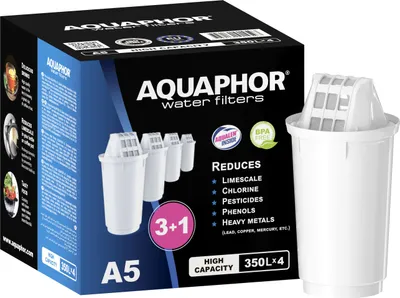 Produktbild von AQUAPHOR Filterkartusche A5 Pack 4 - gegen Kalk, Chlor, Schwermetalle & weitere Stoffe im Leitungswasser, passend für AQUAPHOR Provence, Prestige & Smile, hohe Filterkapazität (max. 350 l)