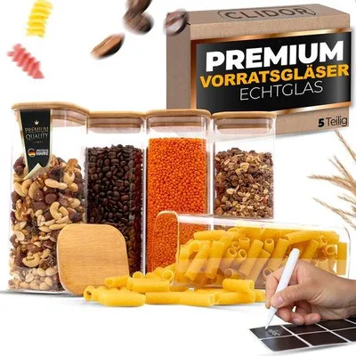 Produktbild von Glasvorratschachtel mit Deckel, quadratisch 5 x 1050 ml, hoher Glasdurchmesser, luftdicht, Küchenorganizer