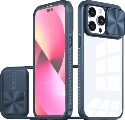 Immagine prodotto di Custodia per iPhone 14 Pro Max Custodia ibrida trasparente in TPU con copertura scorrevole della fotocamera blu