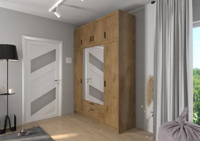 Produktbild von Kleiderschrank ELENA 4D Drehtürenschrank 177x245x53cm Schlafzimmer mit 4 Türen und 2 Schubladen Garderobe mit Spiegiel + Schrankaufsatz Eiche Lefkas