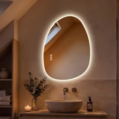 Image de S'AFIELINA Miroir de salle de bain, Interrupteur LED tactile, Asymétrique, 3 couleurs de lumière réglables, anti-buée et fonction mémoire, 75×55cm