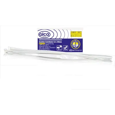 Obrázok produktu pre alca® káblové pásky 3,6*200 mm 100 ks biele 18 kg pevnosť v ťahu odolné voči UV žiareniu na vnútorné a vonkajšie upevnenie káblov nylon odolný voči teplote