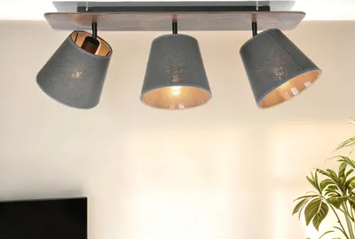 Immagine prodotto di Lampada da camera da letto colori del legno grigio lampada a 3 luci E27 con paralume in tessuto lampada moderna da soggiorno design retrò lampade da corridoio camera dei giovani