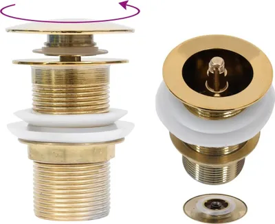Two views of a golden pop-up drain assembly for a sink or bathtub.