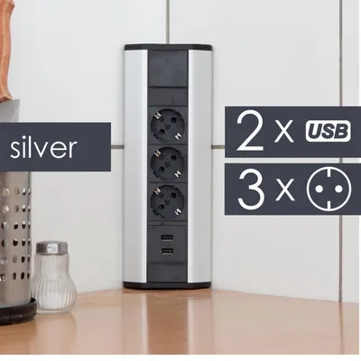 Produktbild von DELIGHT - Eckeinbausteckdose mit 2x USB und 3 Steckdosen - Silber mit Schwarz