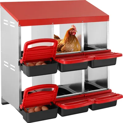 A chicken nesting box with multiple compartments and a chicken inside.