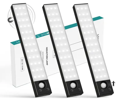 Produktbild von LQWELL® Schrankleuchte mit 36 ​​LEDs und Bewegungsmelder, 22.5 cm, 1500 mAh, Wiederaufladbar, Dimmbar, Schrankleuchte für Küche, Kleiderschrank, Bücherregal, Schlafzimmer (Schwarz, 3 Stück)