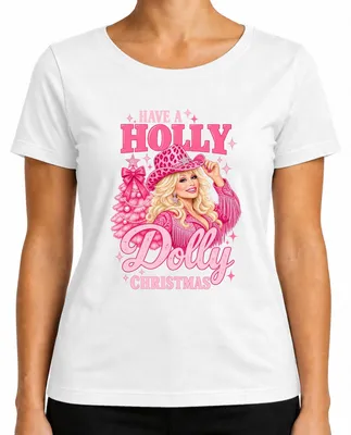 Productafbeelding van "Have A Holly Dolly Christmas" T-shirt voor dames, met een afbeelding van een cowgirl in country-western stijl, wit, maat XL