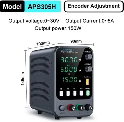 Obrázek produktu pro DC laboratorní napájecí zdroj - APS305H, 30V, 5A - Nastavitelná napětí a proud - Funkce paměti - Alarm OCP (ochrana proti přetížení) - Jeden výstup