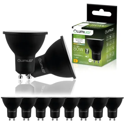 Obrázok produktu pre LED lampa LUMILED, pätica GU10, 8W, 800 lm, neutrálna biela, 4000K, náhrada za 80W reflektor, čierna, uhol svietenia 120°, 10 kusov