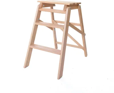 A wooden step stool with three steps against a white background.