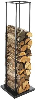 A black metal firewood rack filled with logs, shown against a white background.