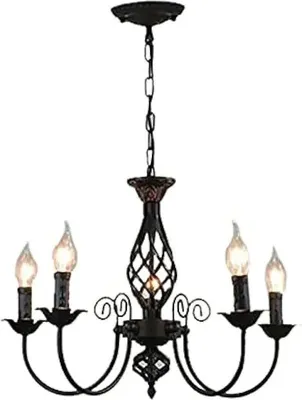 Image de Plafonnier lustre, style vintage, compatible avec 5 ampoules, noir